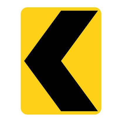 Yellow retroreflective vertical rectangle sign with a black left-pointing chevron symbol.