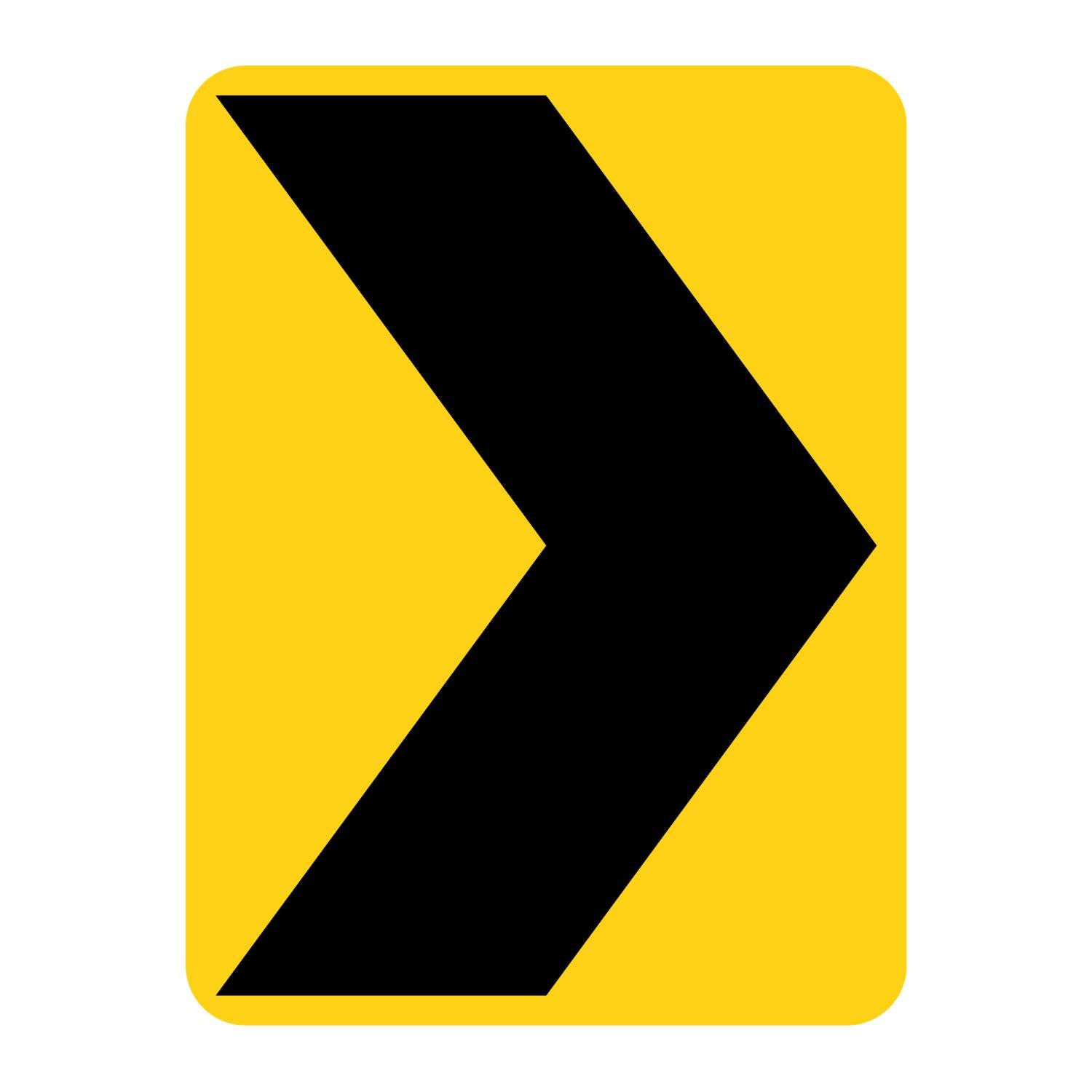 Yellow vertical rectangular W1-8R chevron sign with a black right-pointing arrow.
