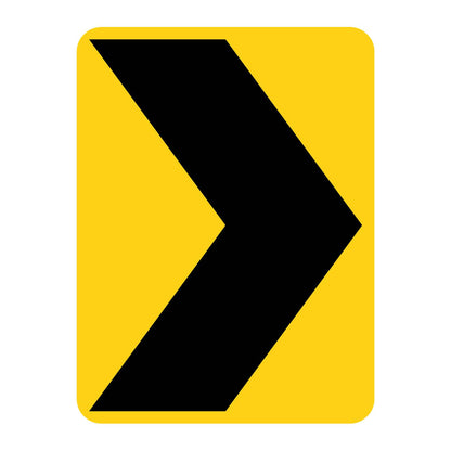 Yellow vertical rectangular W1-8R chevron sign with a black right-pointing arrow.