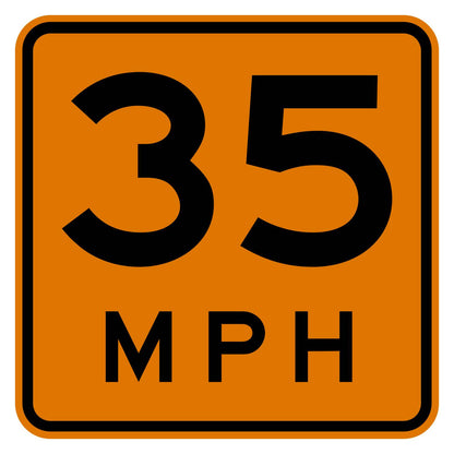 Orange retroreflective construction advisory speed plaque with black "35 MPH" legend.