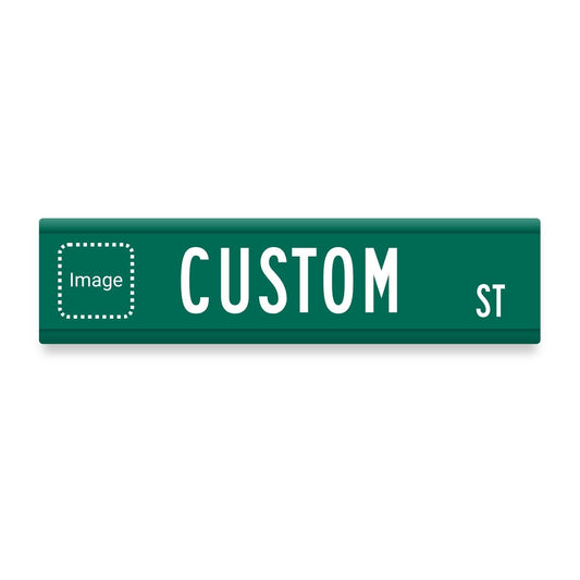 Green extruded aluminum street blade sign with white text reading CUSTOM ST and a placeholder logo area.