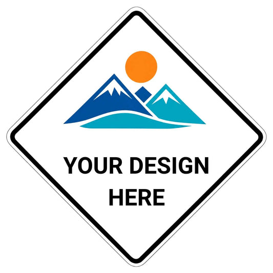 A diamond-shaped customizable aluminum sign with a black border, featuring a blue and teal mountain and wave graphic with an orange sun, and the text 'YOUR DESIGN HERE' on a white background.