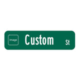 Green MUTCD flat blade street sign with white text and a placeholder for a custom logo upload.