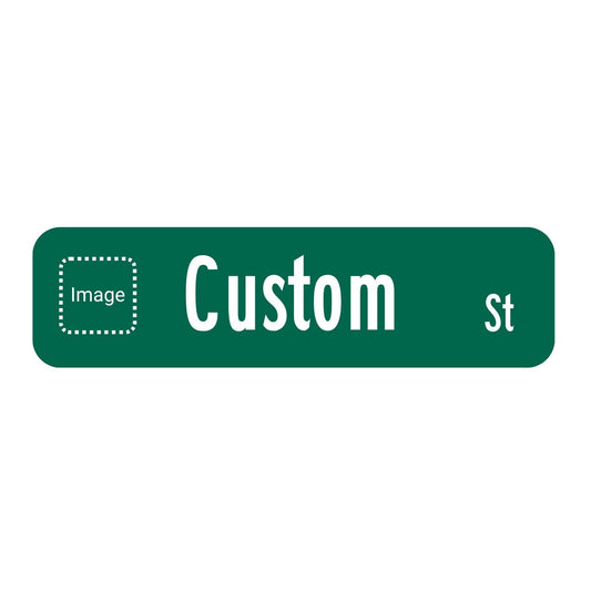 Green MUTCD flat blade street sign with white text and a placeholder for a custom logo upload.