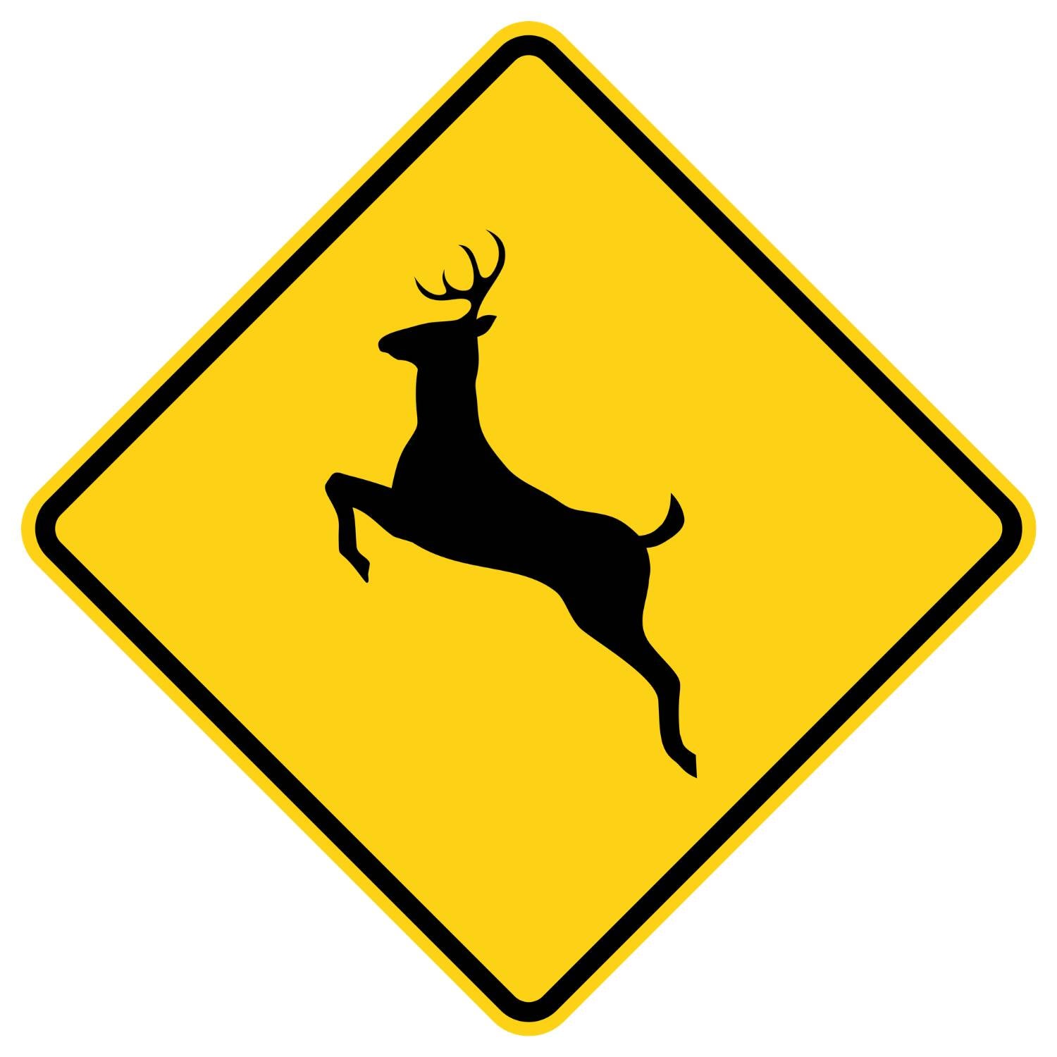 Yellow diamond-shaped W11-3 deer crossing sign with a black deer symbol.