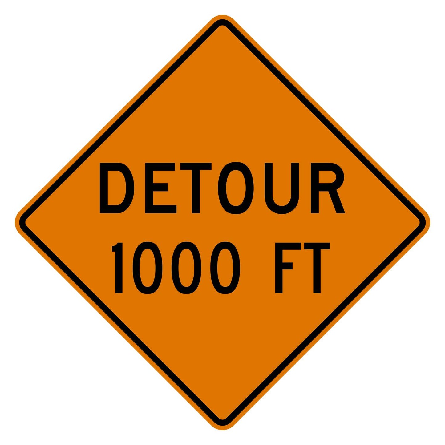 Orange diamond-shaped aluminum Detour 1000 FT sign with black text and border.