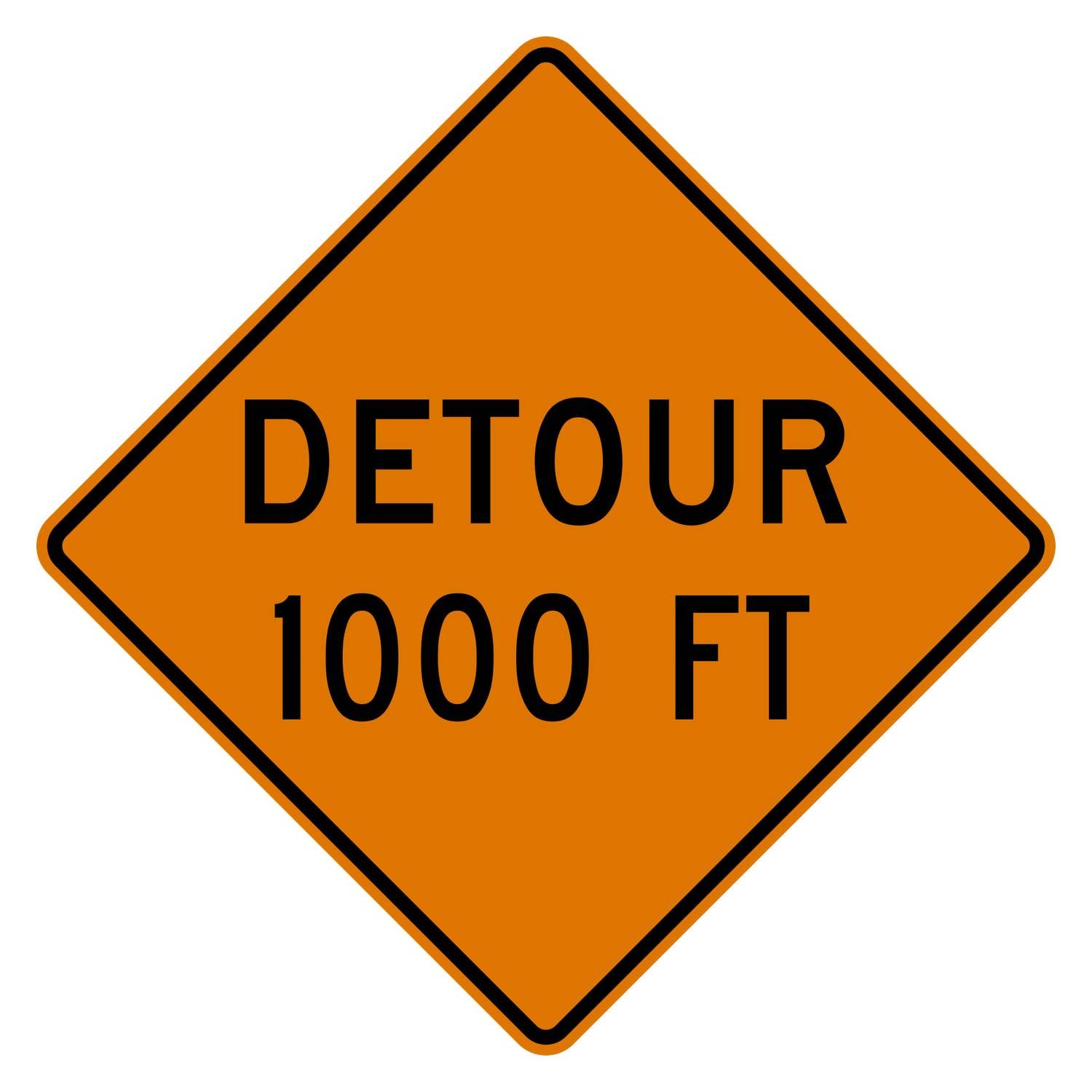 Orange diamond-shaped aluminum Detour 1000 FT sign with black text and border.
