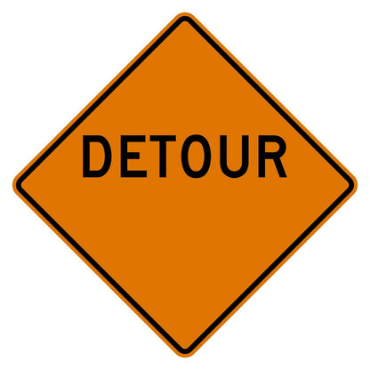 Orange diamond-shaped aluminum Detour sign with black text and a blank distance area.