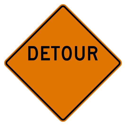 Orange diamond-shaped aluminum Detour sign with black text and a blank distance area.