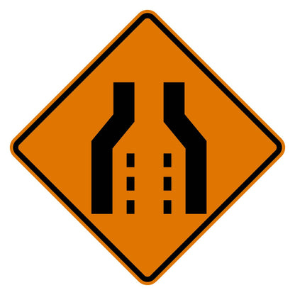 Orange diamond-shaped Double Lane Reduction W4-2D sign with black graphic showing two lanes narrowing from both sides.
