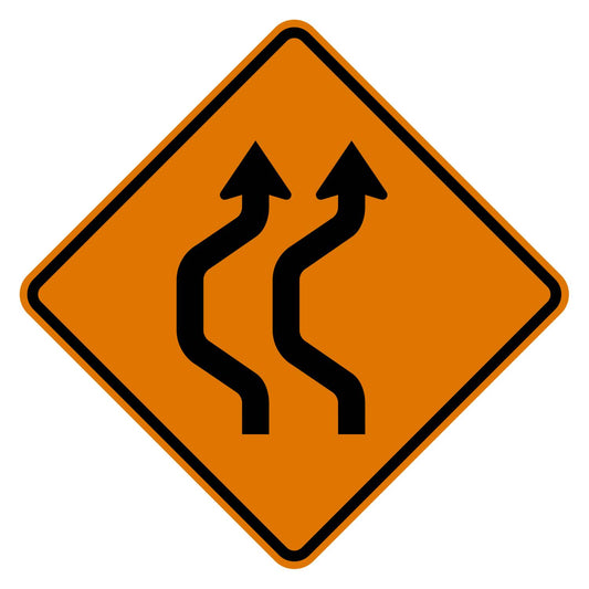 Orange diamond-shaped Double Reverse Curve Left W24-1aL sign with two black S-curve arrows.