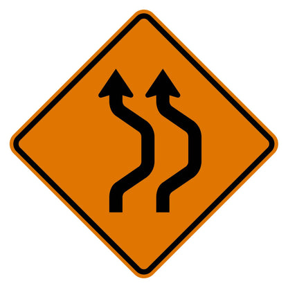 Orange diamond-shaped Double Reverse Curve Right sign with two black S-curve arrows, first curve right.