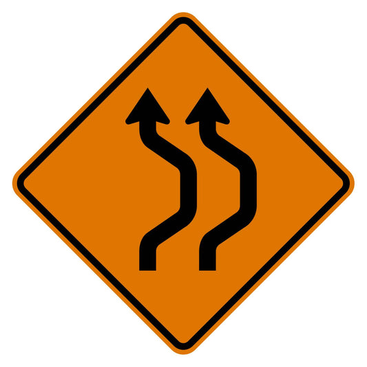 Orange diamond-shaped Double Reverse Curve Right sign with two black S-curve arrows, first curve right.