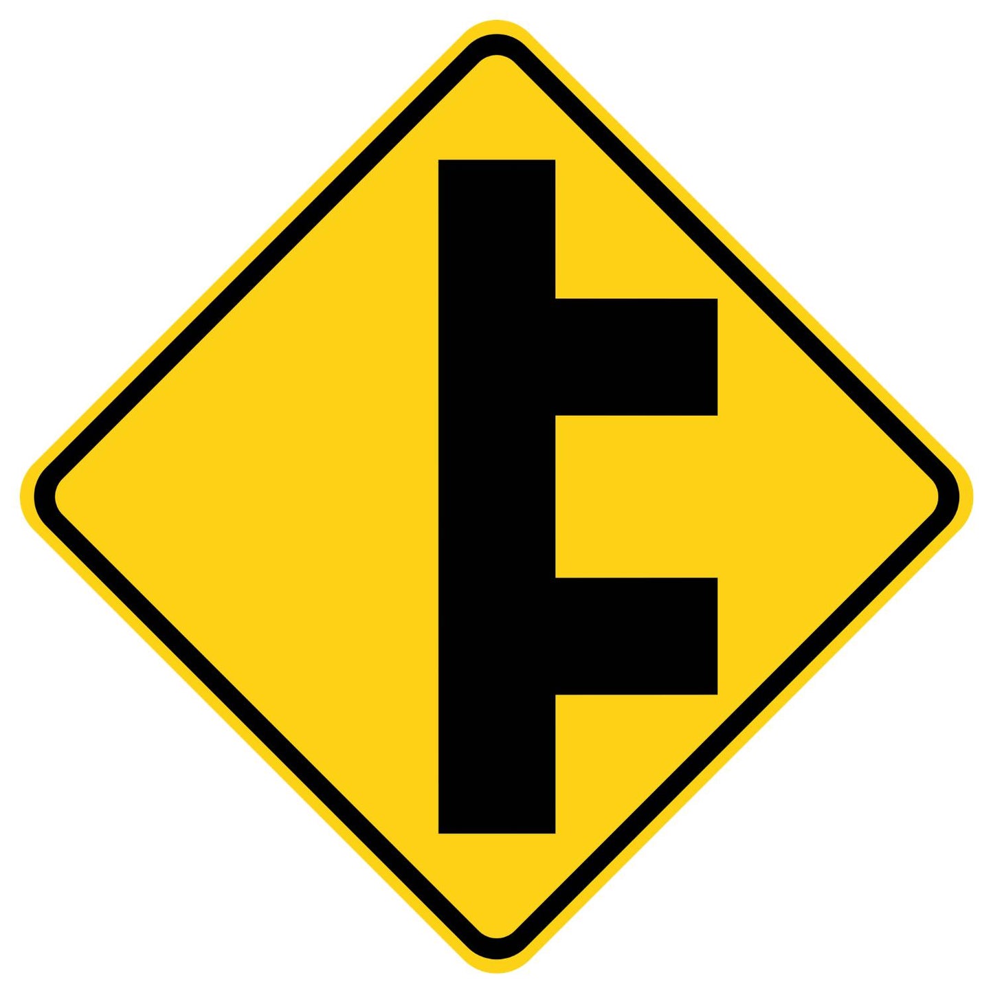 Yellow diamond-shaped W2-8 Double Side Roads Sign with a black symbol of a main road and two side roads.
