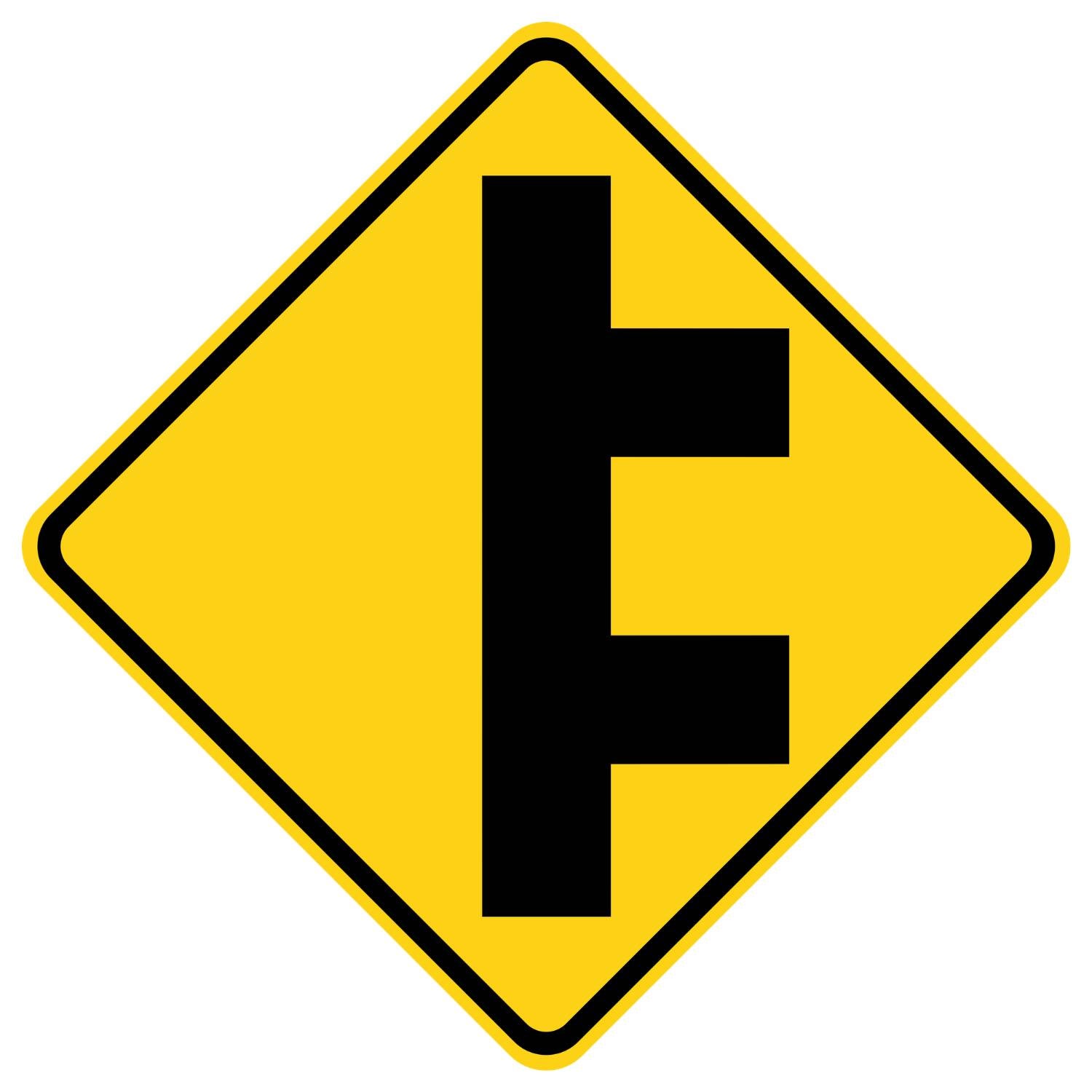 Yellow diamond-shaped W2-8 Double Side Roads Sign with a black symbol of a main road and two side roads.