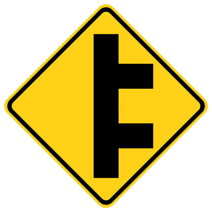 Yellow diamond-shaped W2-8 Double Side Roads Sign with a black symbol of a main road and two side roads.