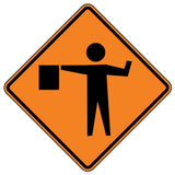 Fluorescent orange diamond sign with a black flagger symbol, W20-7, for work zones.