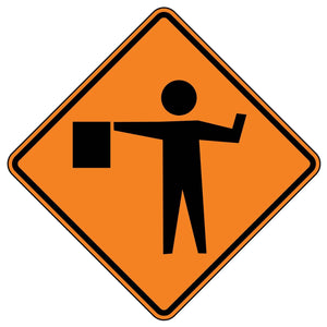 Fluorescent orange diamond sign with a black flagger symbol, W20-7, for work zones.