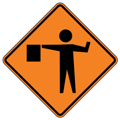 Fluorescent orange diamond sign with a black flagger symbol, W20-7, for work zones.