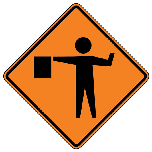 Fluorescent orange diamond sign with a black flagger symbol, W20-7, for work zones.