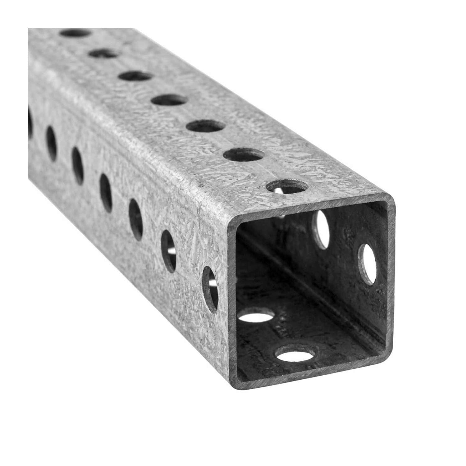 Galvanized steel square sign post with evenly spaced holes for four-sided sign mounting.