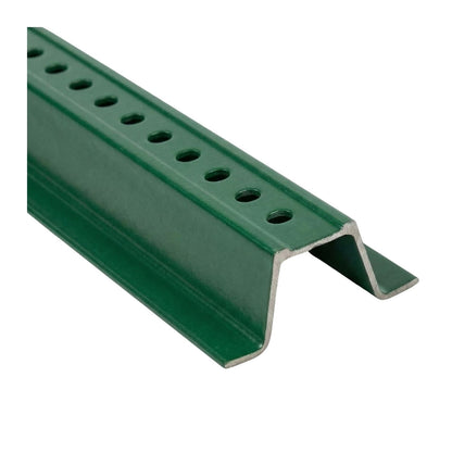 Green steel U-channel sign post with pre-punched mounting holes.