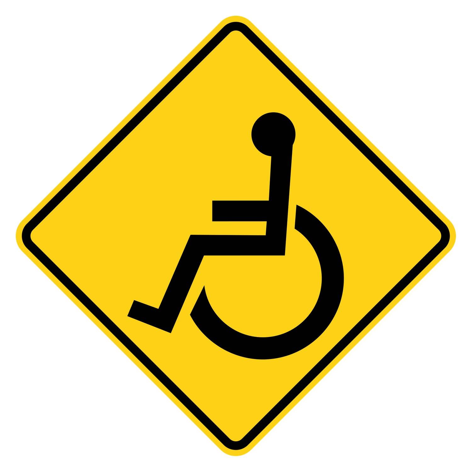 Yellow diamond-shaped W11-9 Handicap Crossing Sign with a black wheelchair symbol and border.