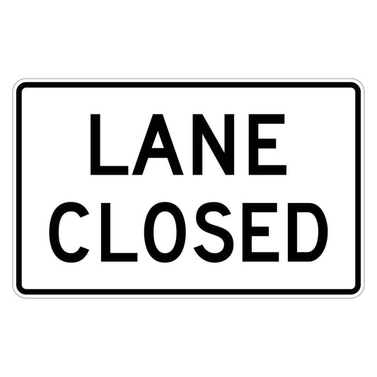 White retroreflective Lane Closed R11-2L sign with bold black text, 48" x 30" rectangular shape.