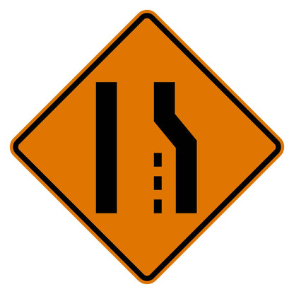 Orange diamond Lane Reduction Right W4-2R sign with black graphics showing a right lane ending.