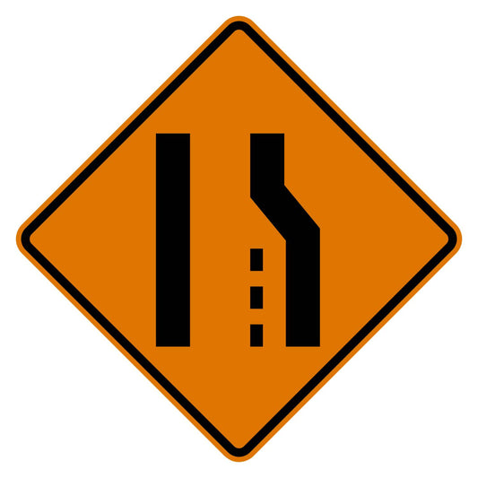 Orange diamond Lane Reduction Right W4-2R sign with black graphics showing a right lane ending.