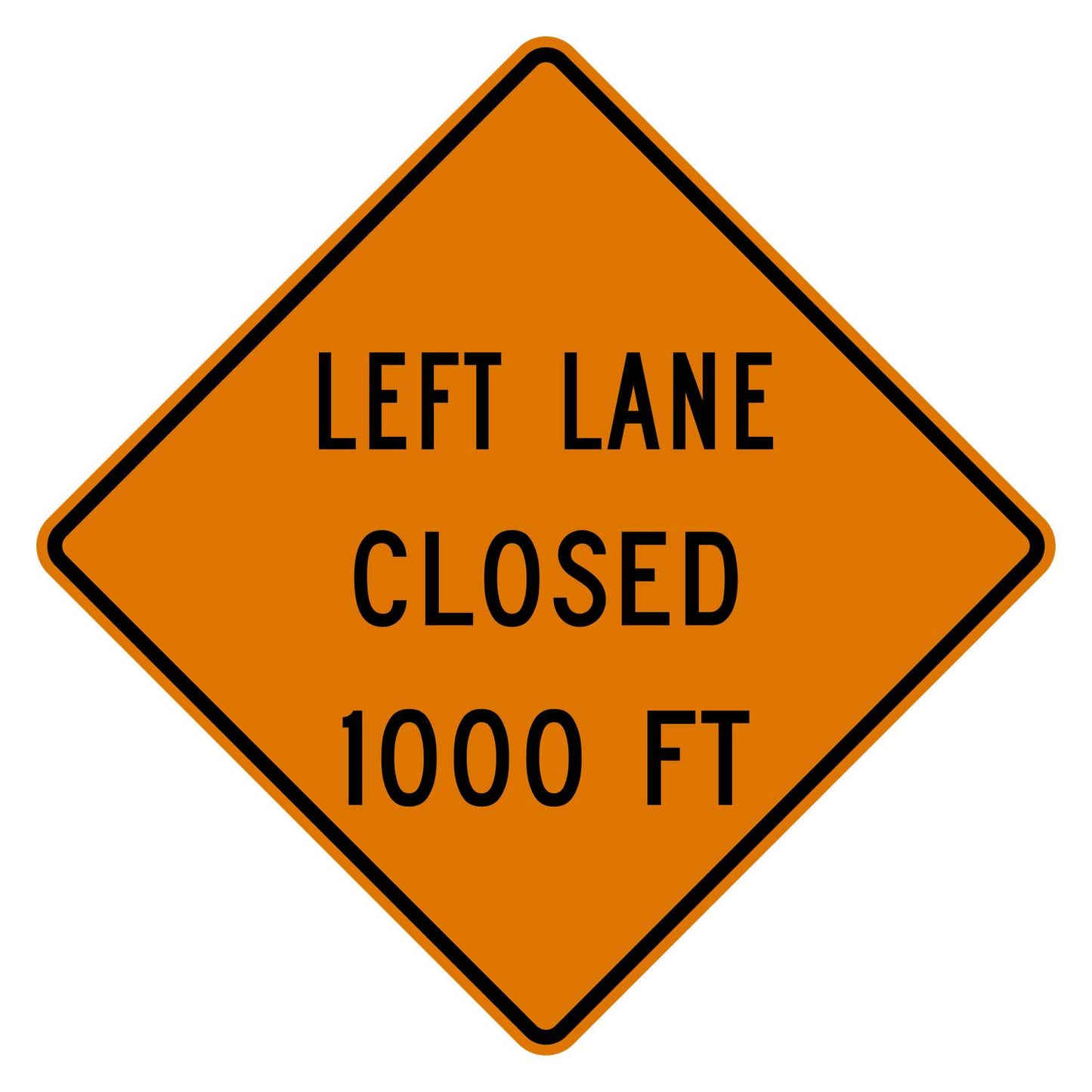 Orange diamond-shaped W20-5L sign with "LEFT LANE CLOSED 1000 FT" in black text.