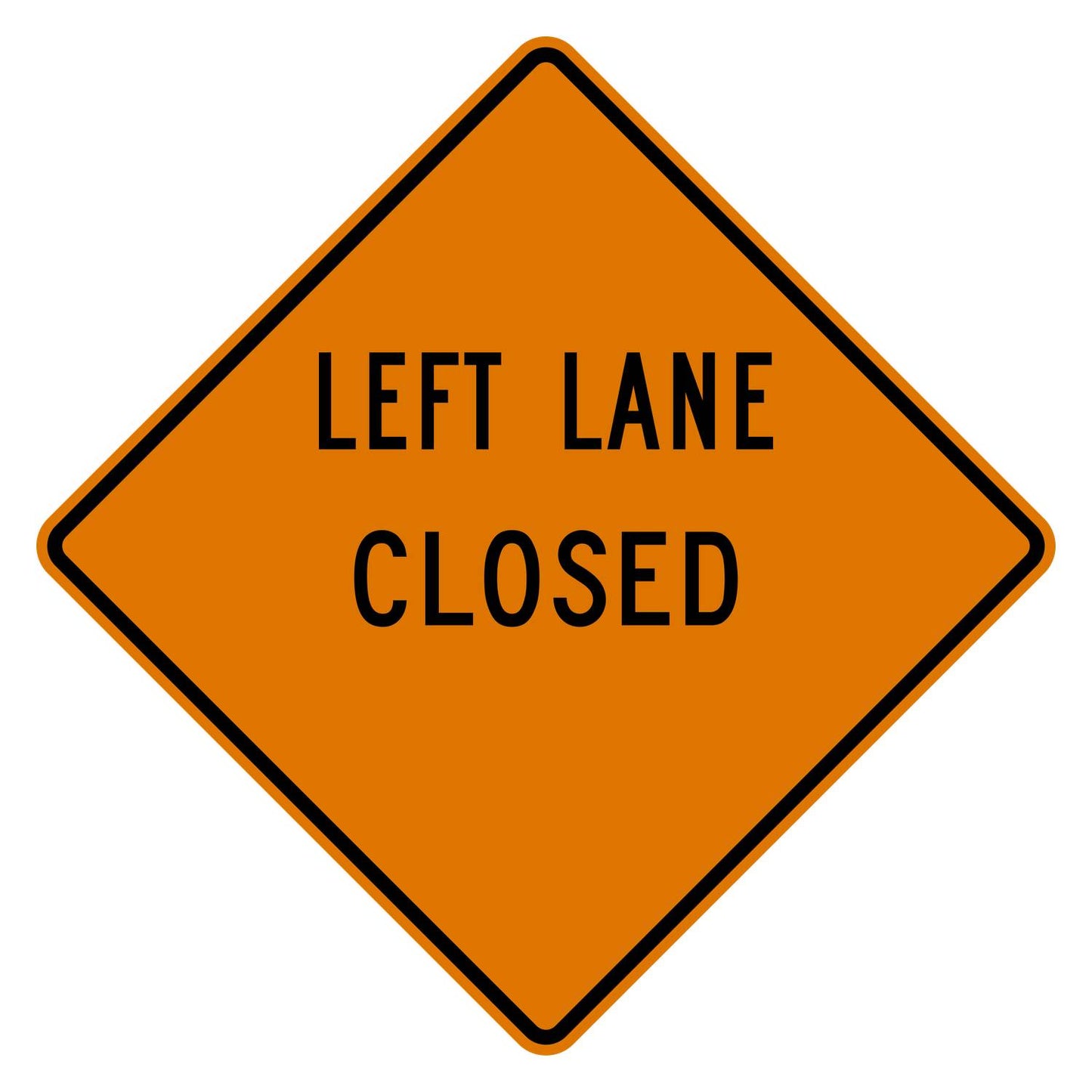 Orange diamond-shaped Left Lane Closed sign with a blank distance area, black text, and border.