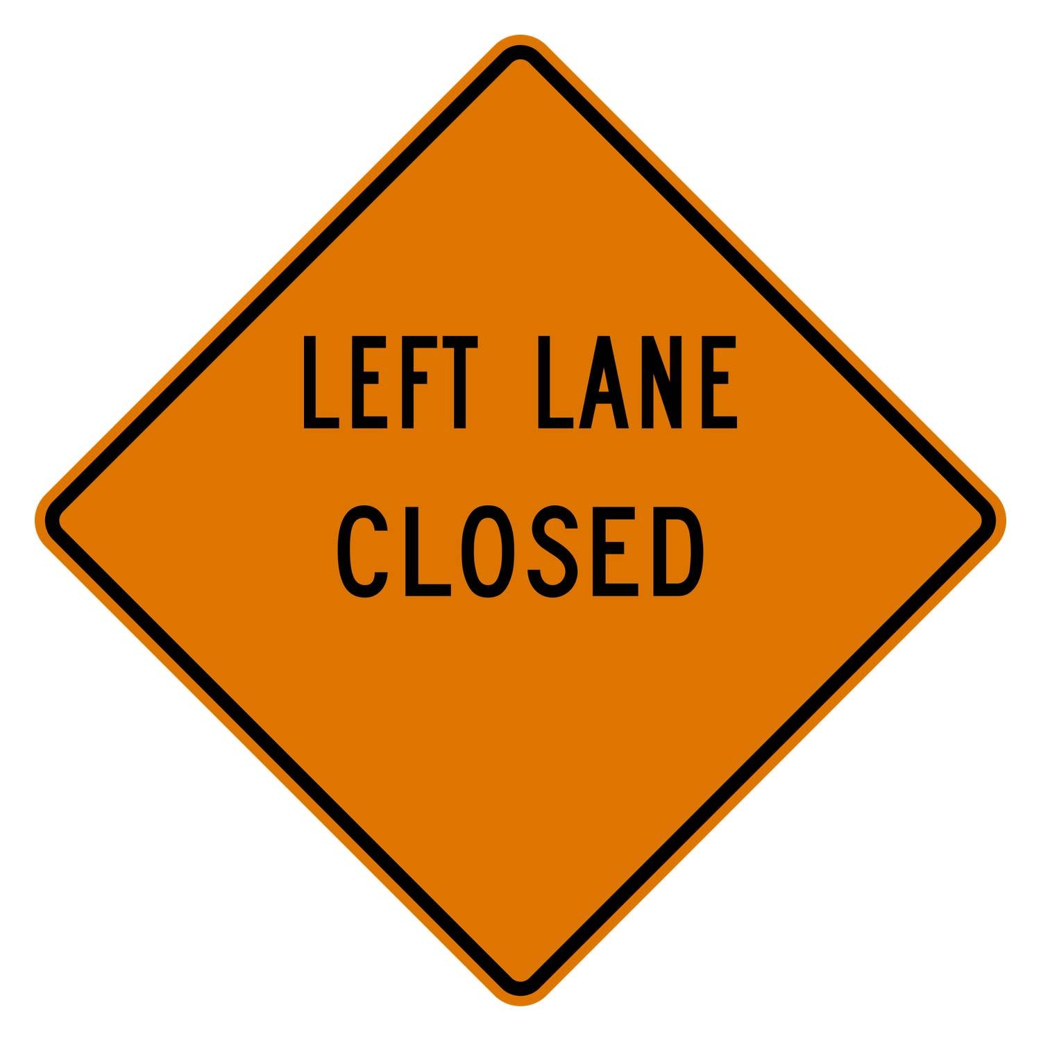 Orange diamond-shaped Left Lane Closed sign with a blank distance area, black text, and border.