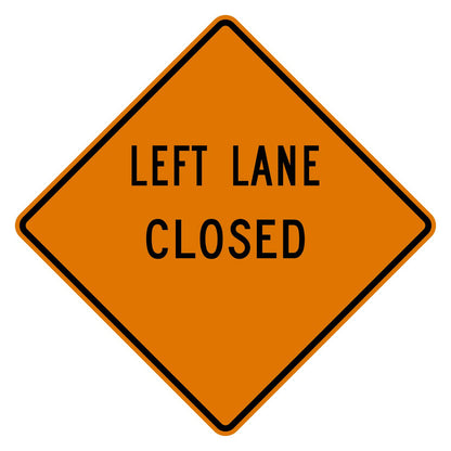 Orange diamond-shaped Left Lane Closed sign with a blank distance area, black text, and border.