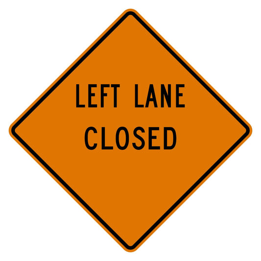 Orange diamond-shaped Left Lane Closed sign with a blank distance area, black text, and border.
