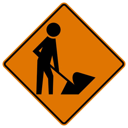 MUTCD Men At Work Sign Symbol W21-1 - orange diamond sign with black worker-with-shovel pictograph