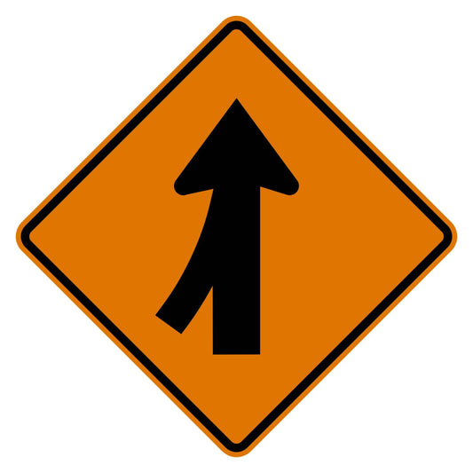 Orange diamond-shaped Merge Left sign with a black arrow showing a lane merging from the left.