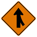 Orange diamond Merge Right sign (W4-1R) with a black arrow indicating traffic merging from the left.