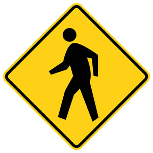 Yellow diamond-shaped W11-2 pedestrian crossing sign with a black walking person symbol.