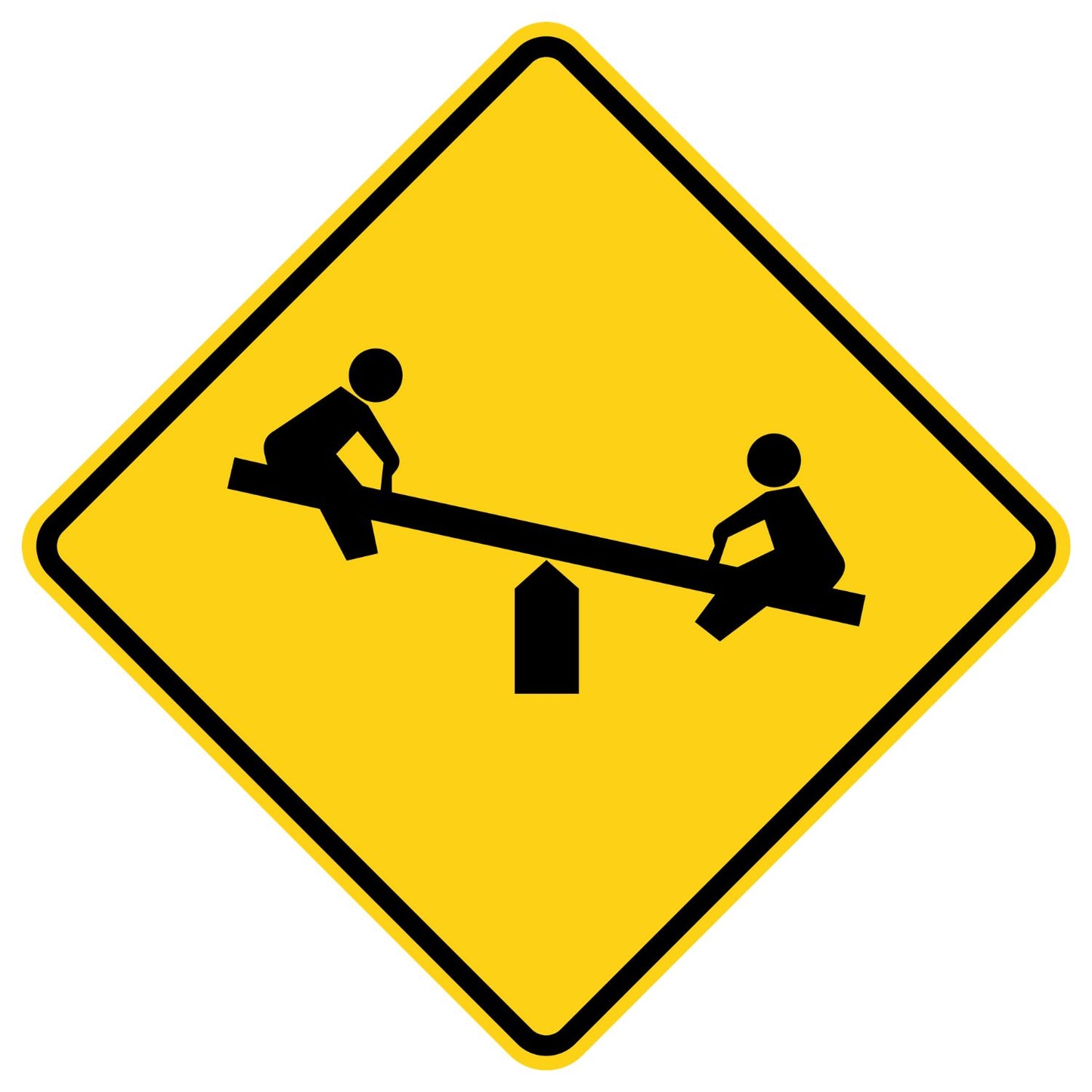 Yellow diamond-shaped W15-1 playground sign with a black children-at-play seesaw symbol.