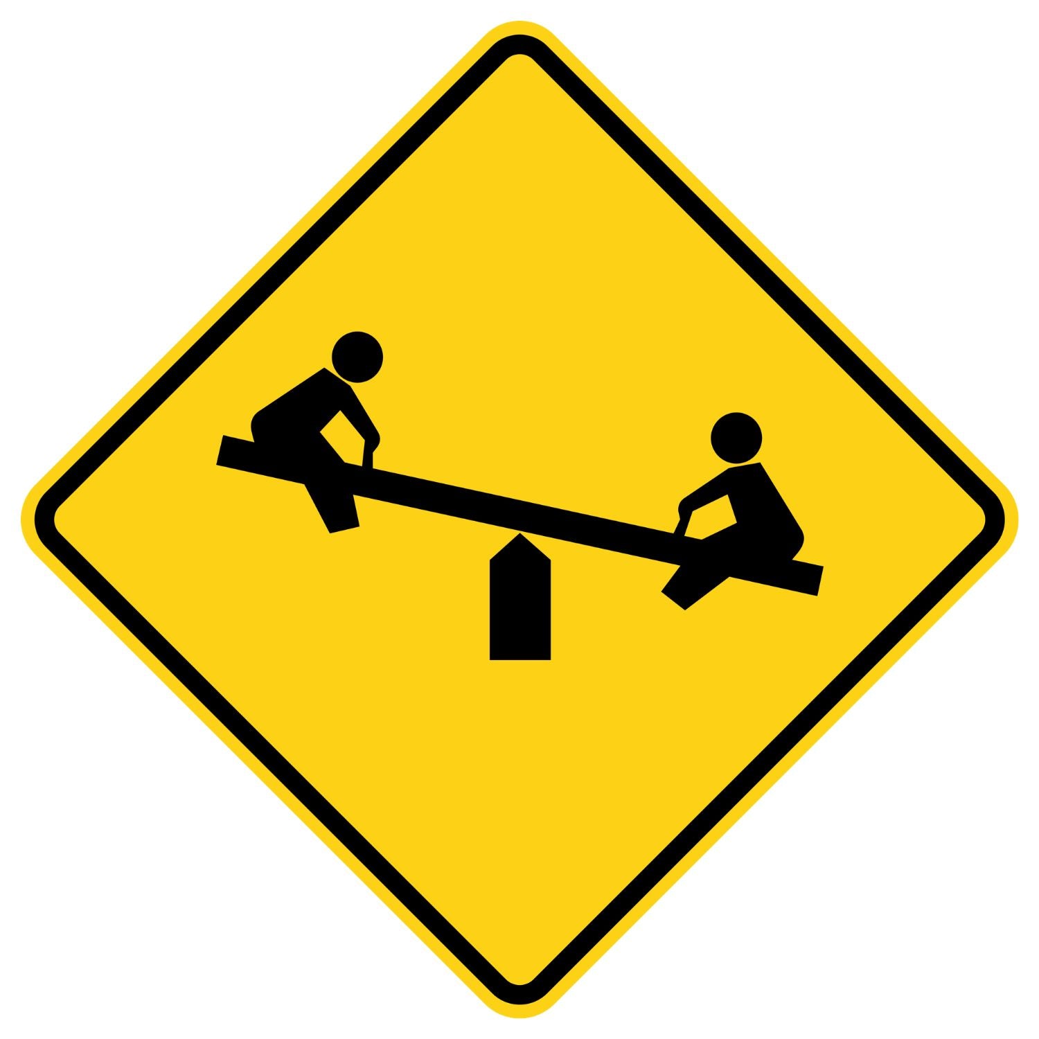 Yellow diamond-shaped W15-1 playground sign with a black children-at-play seesaw symbol.