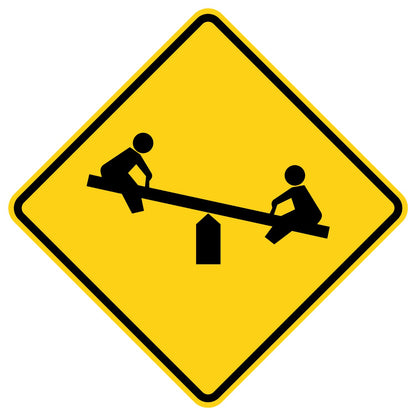 Yellow diamond-shaped W15-1 playground sign with a black children-at-play seesaw symbol.