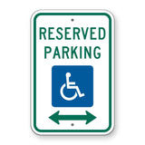 Reserved Parking Handicap Symbol Sign (Double Arrow) R7-8D - white vertical rectangle sign reading RESERVED PARKING in green above a blue accessible symbol and a green double arrow