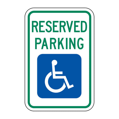 White 12x18 R7-8 reserved parking sign with green text and blue handicap symbol.