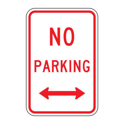 No Parking Sign (Double Arrow) R8-3AD - white vertical rectangle sign reading NO PARKING in red with a red double arrow