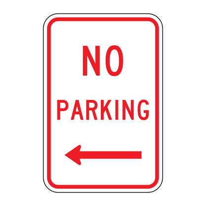 12x18 white and red "NO PARKING" sign with a left arrow, retroreflective aluminum.