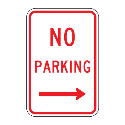 No Parking Sign (Right Arrow) R8-3AR - white vertical rectangle sign reading NO PARKING in red with a red right arrow
