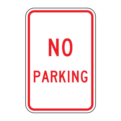 Red and white R8-3A "NO PARKING" regulatory sign with universal no-parking symbol.