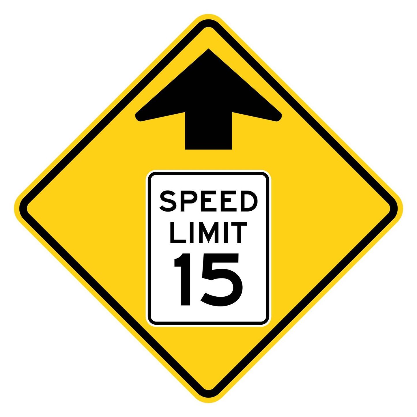 Yellow diamond sign with black arrow and "SPEED LIMIT 15" symbol, warning of reduced speed.