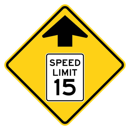 Yellow diamond sign with black arrow and "SPEED LIMIT 15" symbol, warning of reduced speed.
